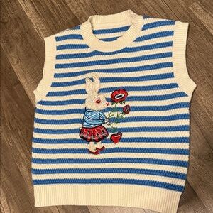 Striped Blue & Cream Sleeveless Knit Top with Rabbit Embroidery SMALL